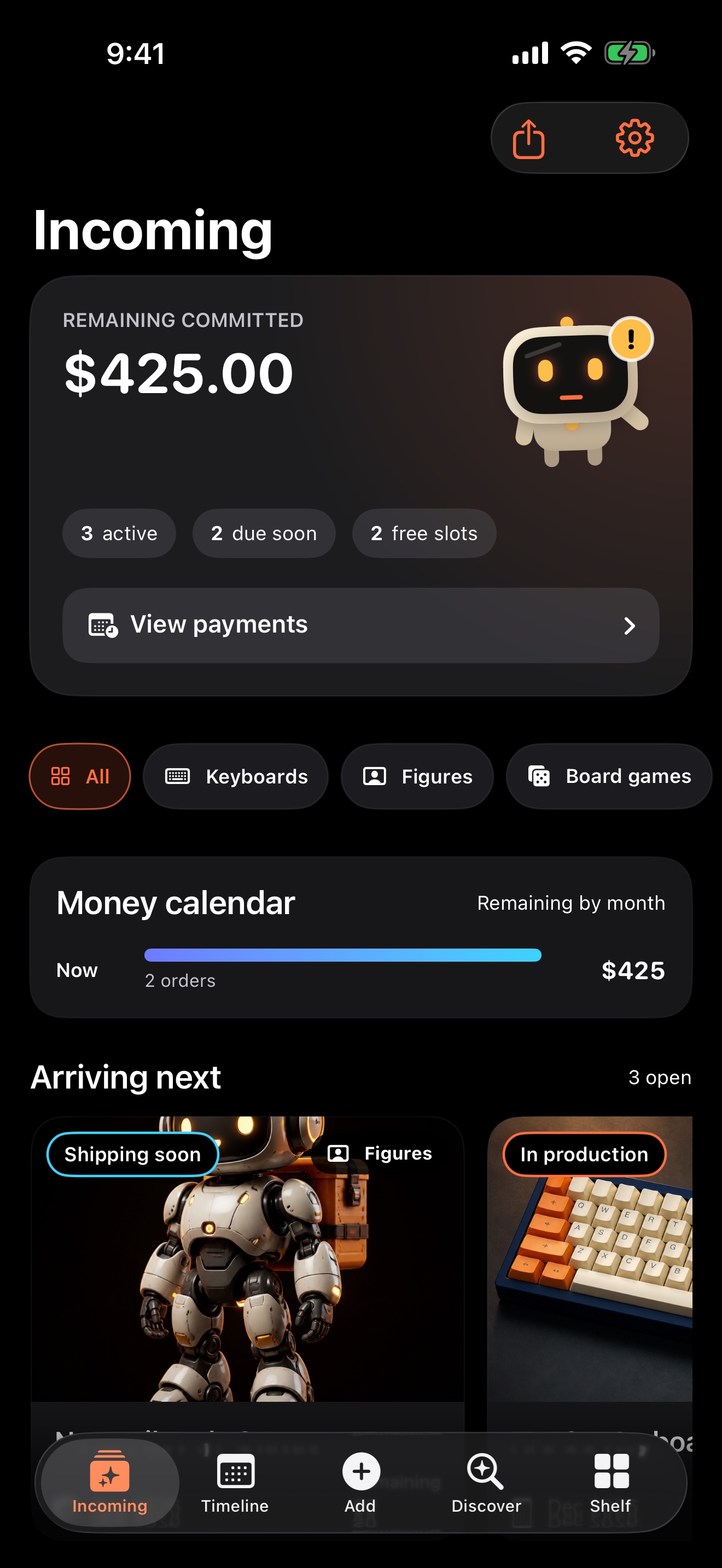 Incoming development preview showing a demo money calendar and five-tab navigation.