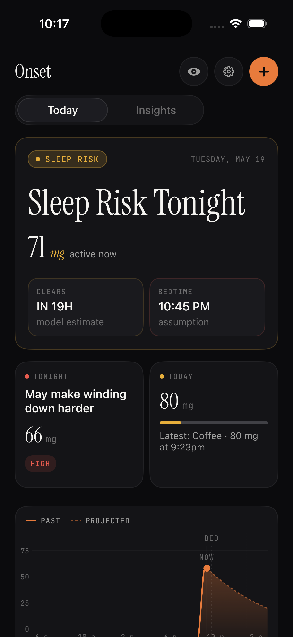 Onset Today screen showing active caffeine and bedtime carryover.